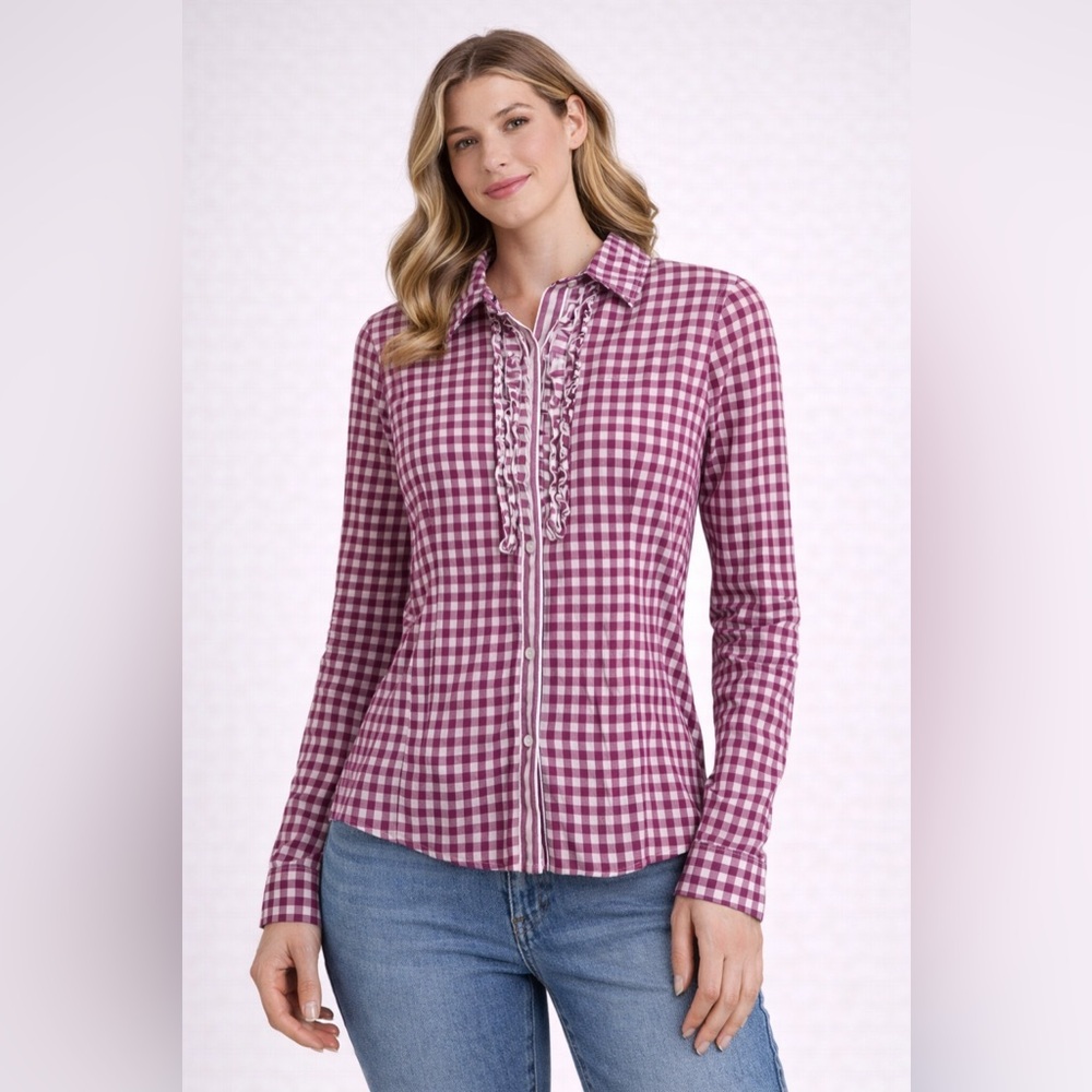 Tommy Hilfiger Gingham Ruffle Button Up Blouse Burgundy White Medium